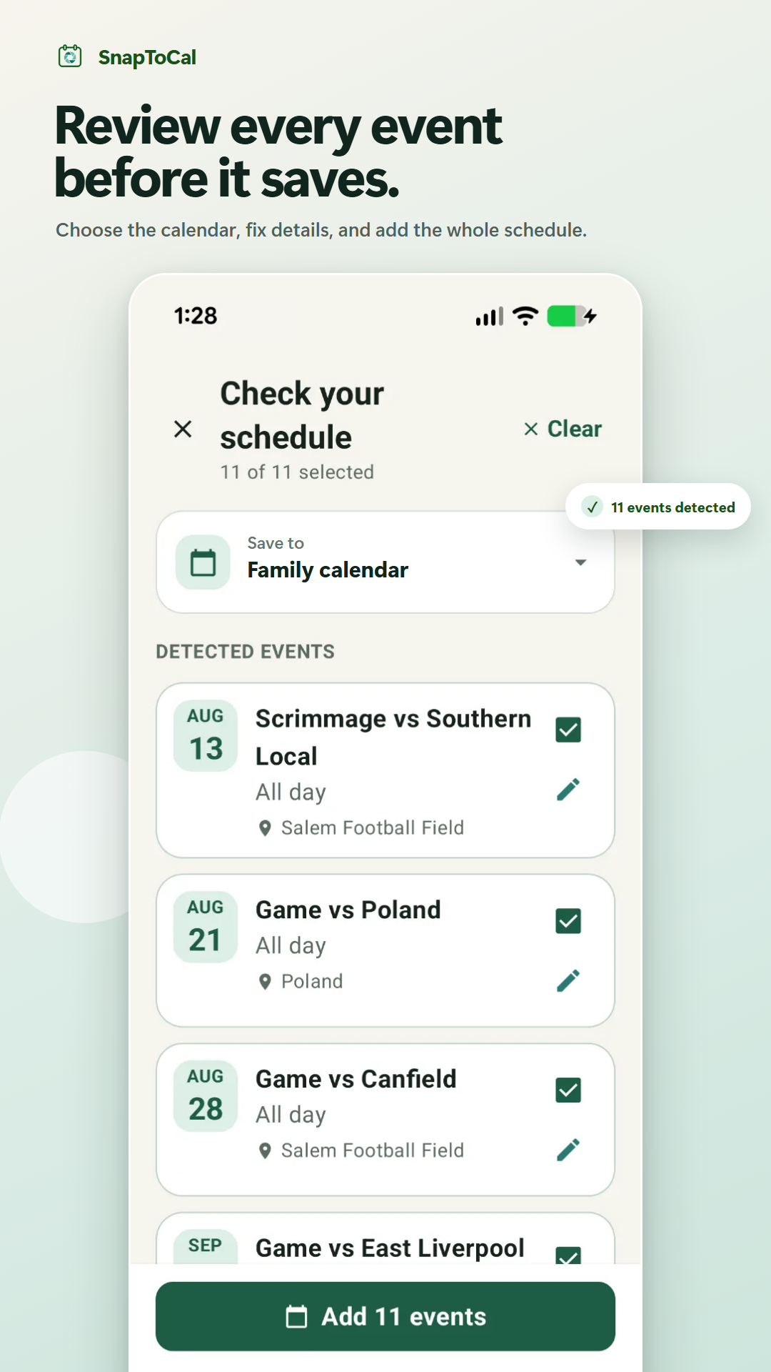 SnapToCal event review with selectable sports events, edit controls, a destination calendar, and an Add events button.